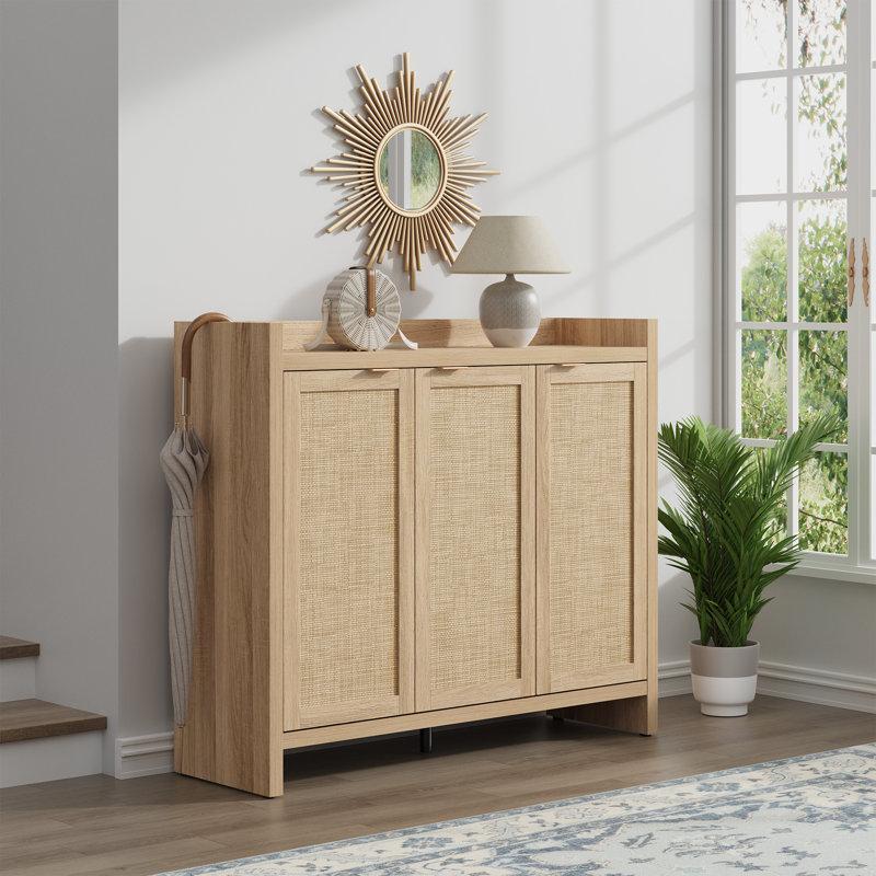 Wayfair Chada 30 Pair Rattan Shoe Storage Cabinet With 3 Doors And Adjustable Shelves