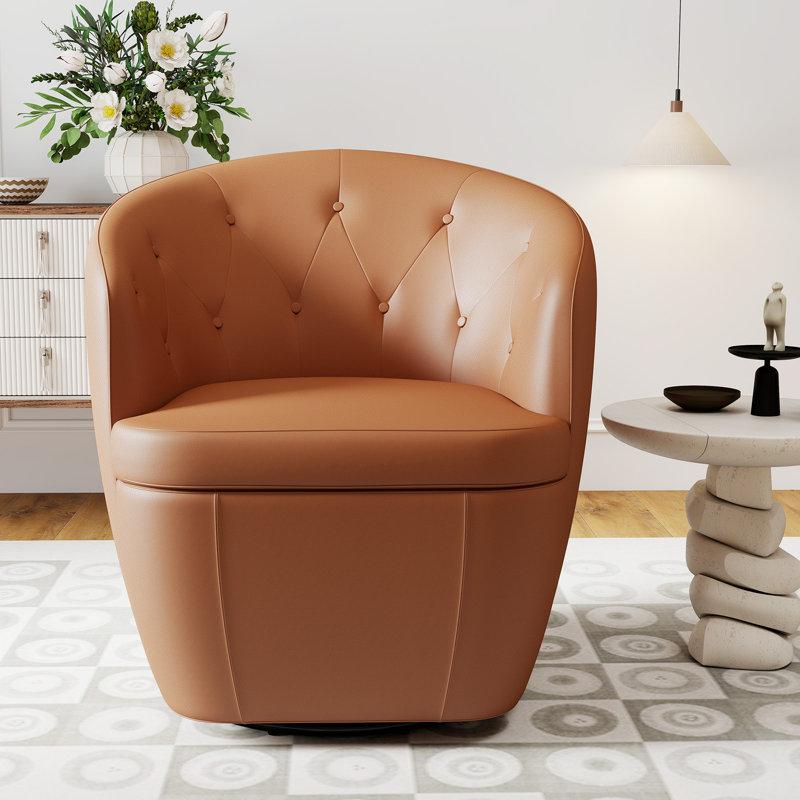 Wayfair Classic Tuffted Genuine Leather Swivel Barrel Chair With Unique Recessed Arms