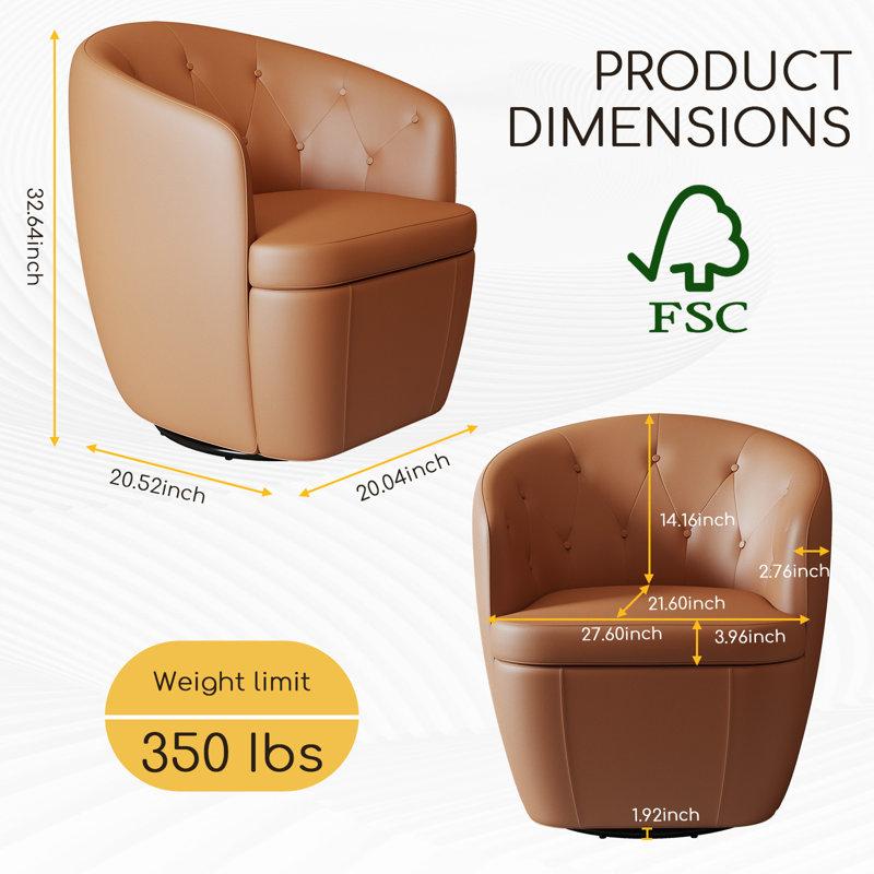 Wayfair Classic Tuffted Genuine Leather Swivel Barrel Chair With Unique Recessed Arms