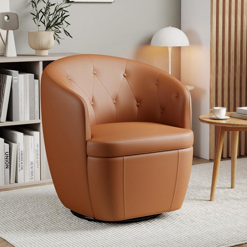 Wayfair Classic Tuffted Genuine Leather Swivel Barrel Chair with Unique Recessed Arms
