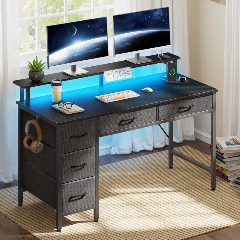 Wayfair Computer Desk with Monitor Stand & Charging Station Gaming Desk with LED Lights & Drawers