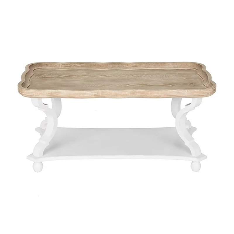 Wayfair COZAYH Rustic Farmhouse Coffee Table W/ Tray Top & Storage Shelf Natural/White