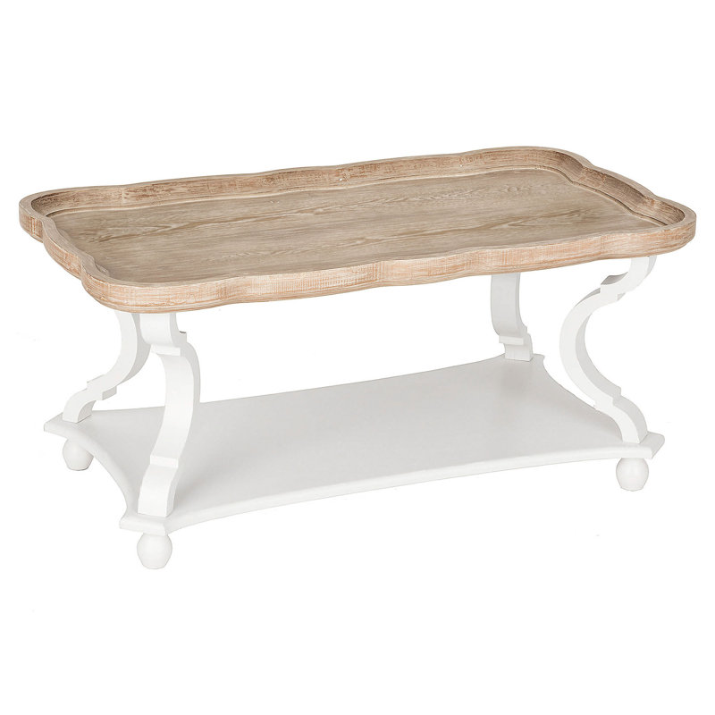 Wayfair COZAYH Rustic Farmhouse Coffee Table w/ Tray Top & Storage Shelf Natural/White