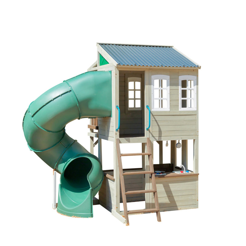 Wayfair Cozy Escape Wooden Outdoor Two-Story Playhouse With Slide Kitchen Rock Wall And Bench