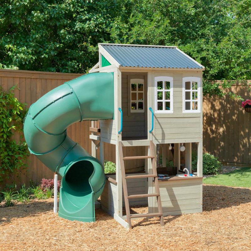 Wayfair Cozy Escape Wooden Outdoor Two-Story Playhouse With Slide Kitchen Rock Wall And Bench