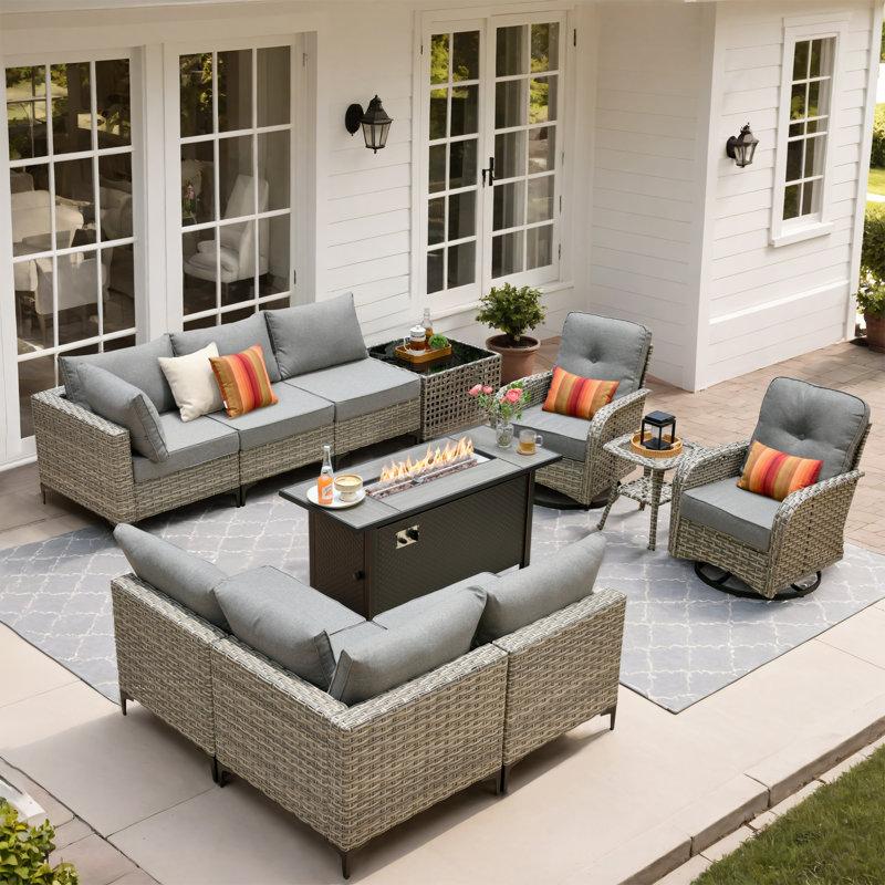 Wayfair Daltry 11-Piece Rattan Outdoor Patio Furniture Set With Propane Fire Pit & Solar-Powered Lighting – Luxury Modern Patio & Outdoor Furniture For Entertaining