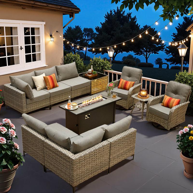 Wayfair Daltry 11-Piece Rattan Outdoor Patio Furniture Set with Propane Fire Pit & Solar-Powered Lighting – Luxury Modern Patio & Outdoor Furniture for Entertaining