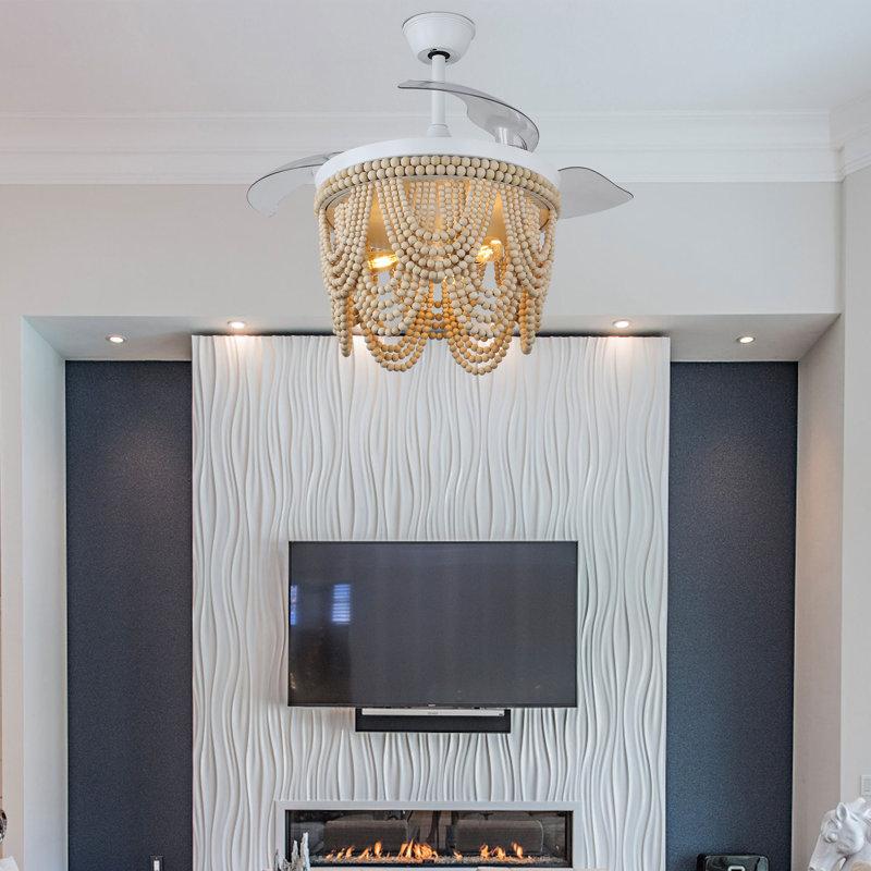 Wayfair Dayzhane 42 Inch Farmhouse Boho Retractable Ceiling Fan With Light 6-Speed Wood Beaded Ceiling Fan With Remote Control