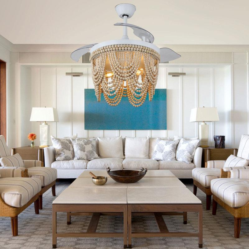 Wayfair Dayzhane 42 Inch Farmhouse Boho Retractable Ceiling Fan With Light 6-Speed Wood Beaded Ceiling Fan With Remote Control
