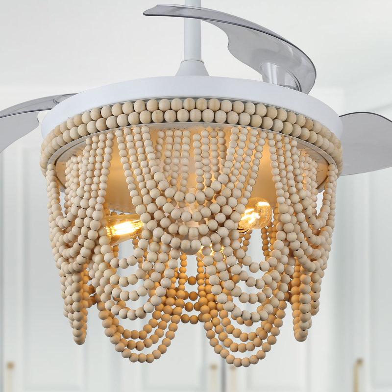 Wayfair Dayzhane 42 Inch Farmhouse Boho Retractable Ceiling Fan with Light 6-Speed Wood Beaded Ceiling Fan with Remote Control