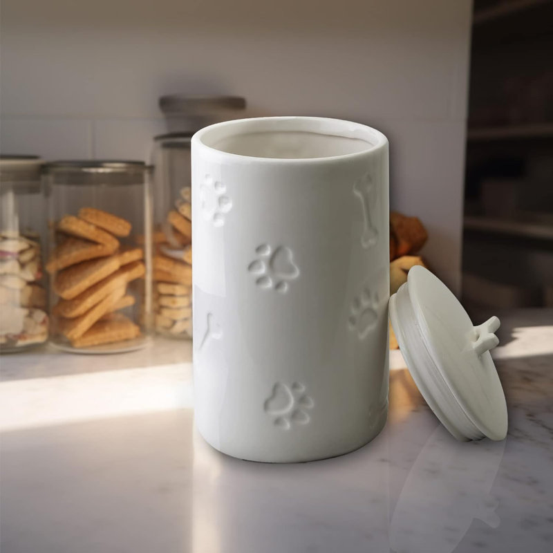 Wayfair Dog Treat Container Airtight - 5" Large Ceramic Dog Treat Jar For Kitchen Counter White Dog Cookie Jar With Lid - Farmhouse Style Dog Treat Storage Container For Dogs Cats Pets
