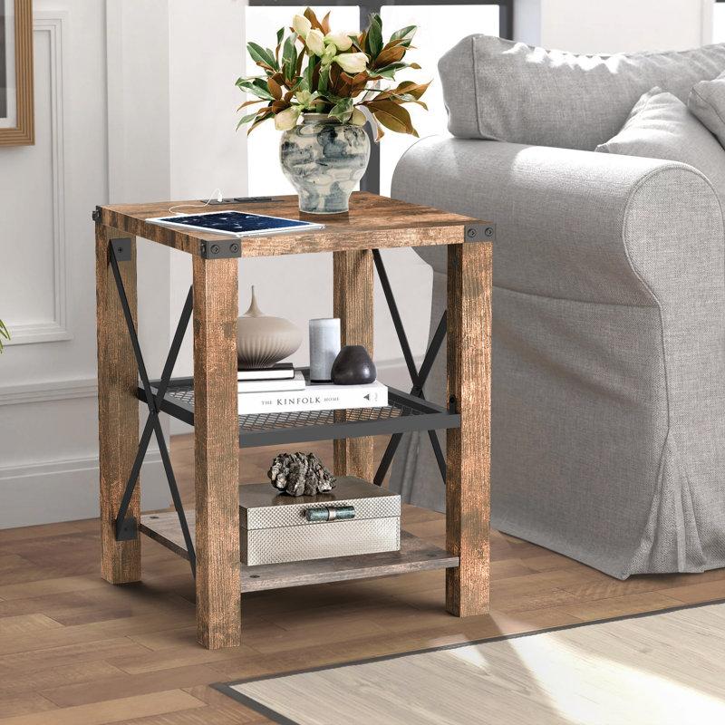 Wayfair Eidelweiss Tall End Table Nightstand with 2 USB Ports 2 Power Outlets and 2 Storage Shelves
