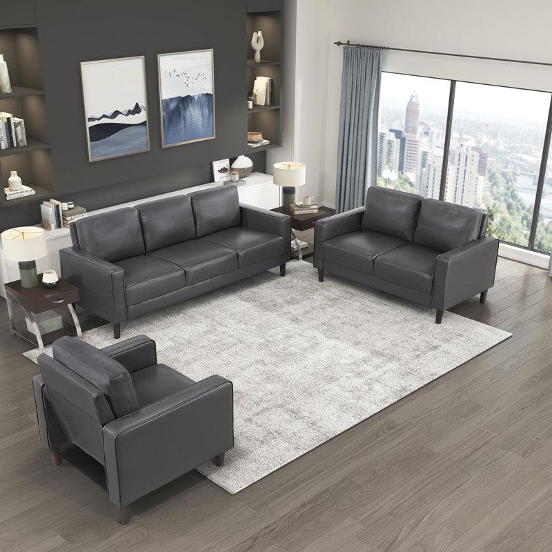 Wayfair Eric Mid Century 3-Piece Living Room Set - Faux Leather With Easy-Care Durable Solid Wood & Plywood Frame Comfortable Foam & Pocket Coils Complete 3-Piece: Chair Sofa & Loveseat Set