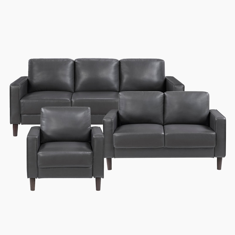 Wayfair Eric Mid Century 3-Piece Living Room Set - Faux Leather With Easy-Care Durable Solid Wood & Plywood Frame Comfortable Foam & Pocket Coils Complete 3-Piece: Chair Sofa & Loveseat Set