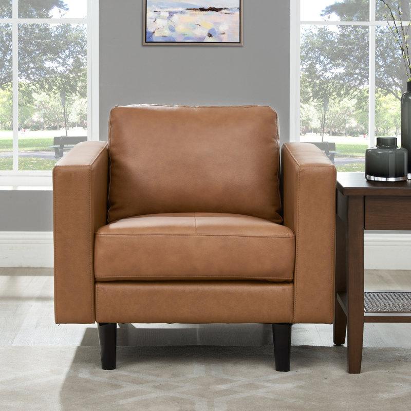 Wayfair Esin Genuine Leather Upholstered Single Sofa Chair for Living Room Mid Century Chair
