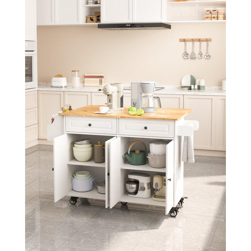 Wayfair Expandable Solid Wood Kitchen Cart With Drop Leaf Drawers Cabinets Spice Rack Towel Bar And Locking Wheels