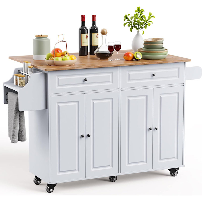 Wayfair Expandable Solid Wood Kitchen Cart with Drop Leaf Drawers Cabinets Spice Rack Towel Bar and Locking Wheels