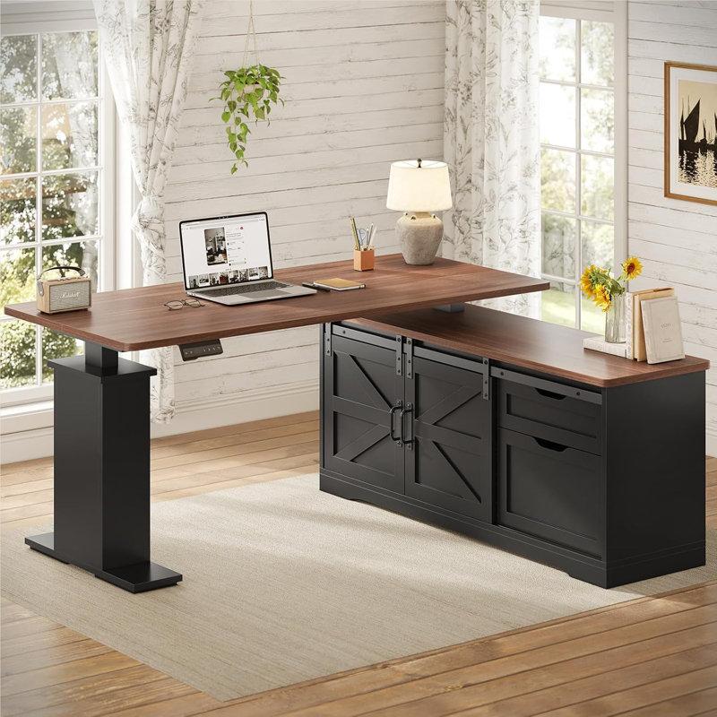 Wayfair Farmhouse L Shaped Standing Desk 55 Inch Height Adjustable Corner Desk With Storage Drawers Standing Computer Desks With Power Outlets For Home Office