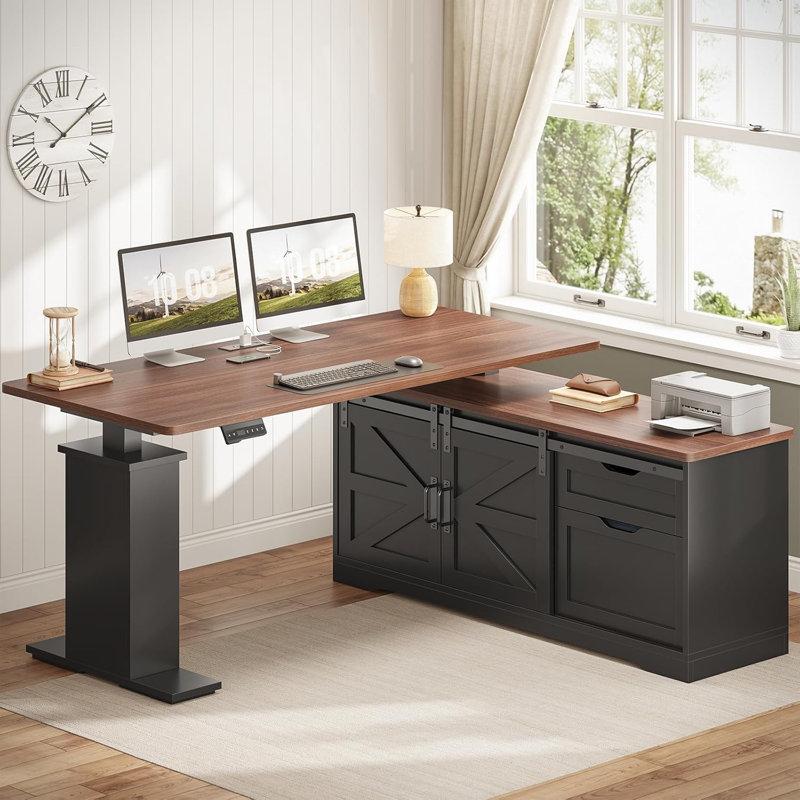 Wayfair Farmhouse L Shaped Standing Desk 55 Inch Height Adjustable Corner Desk With Storage Drawers Standing Computer Desks With Power Outlets For Home Office