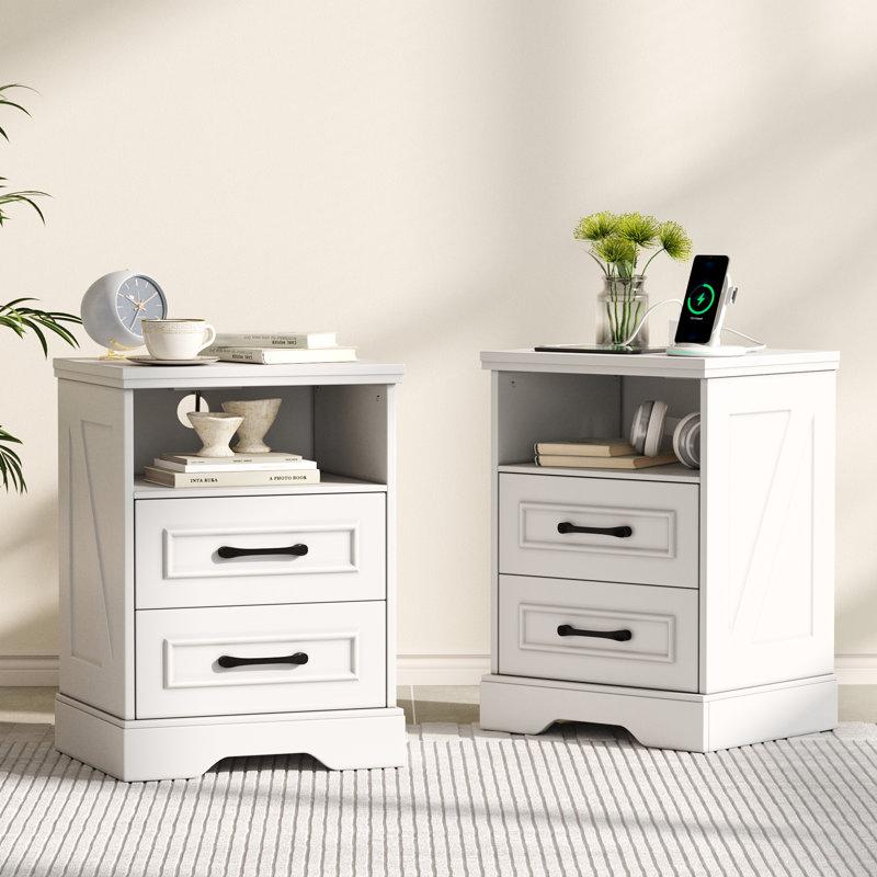 Wayfair Farmhouse Nightstand With Charging Station 2 Large Drawers & 2 USB Ports With Open Storage