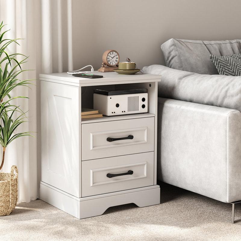 Wayfair Farmhouse Nightstand With Charging Station 2 Large Drawers & 2 USB Ports With Open Storage