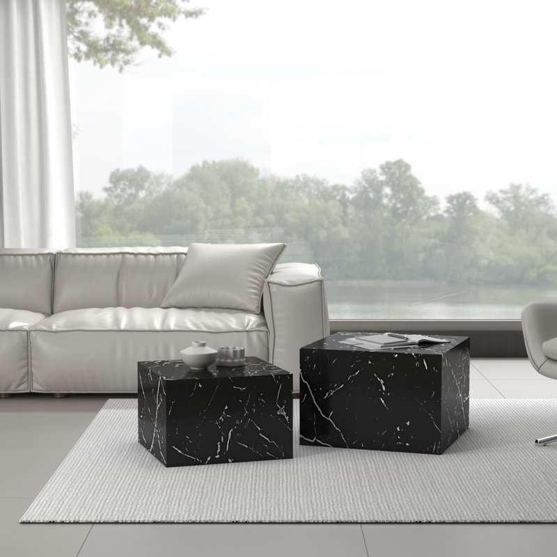 Wayfair Faux Marble Nesting Coffee Tables - Set Of 2 Modern Square Side Tables For Living Room No Assembly Needed Marble Black