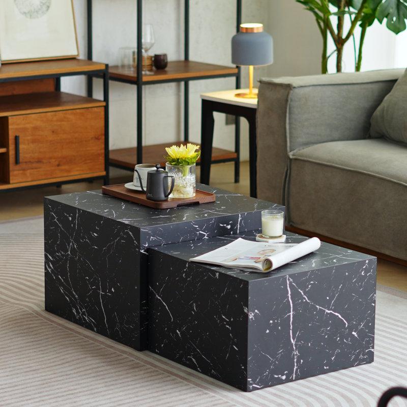 Wayfair Faux Marble Nesting Coffee Tables - Set Of 2 Modern Square Side Tables For Living Room No Assembly Needed Marble Black
