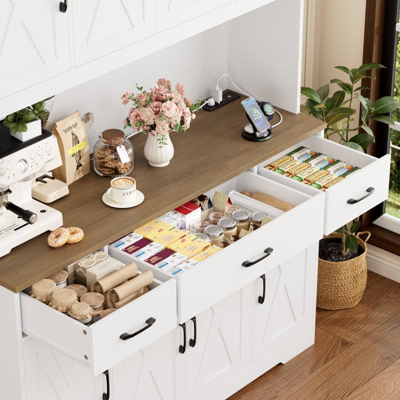 Wayfair Frostia 70.9"H Kitchen Pantry With Charge Station 55.1"W Farmhouse Style Pantry Cabinet With Microwave Shelf & Adjustable Shelves