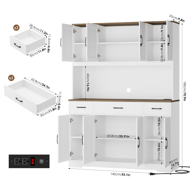 Wayfair Frostia 70.9"H Kitchen Pantry With Charge Station 55.1"W Farmhouse Style Pantry Cabinet With Microwave Shelf & Adjustable Shelves