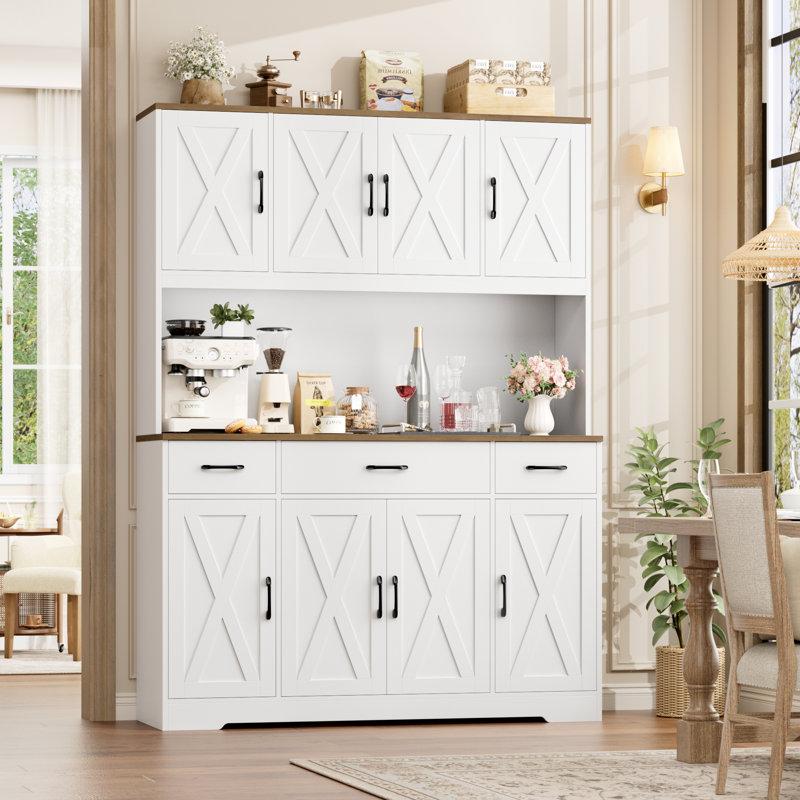 Wayfair Frostia 70.9"H Kitchen Pantry With Charge Station 55.1"W Farmhouse Style Pantry Cabinet with Microwave Shelf & Adjustable Shelves