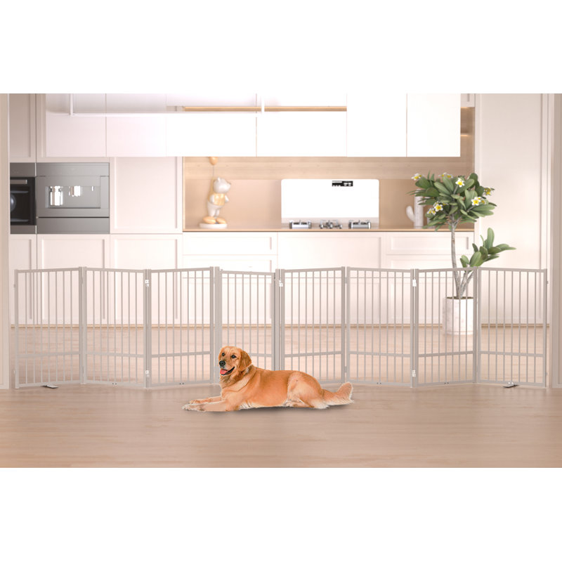 Wayfair Full Matel Freestanding Dog Gate With Door 32 Inch Height Foldable Pet Dog Fence Extra Wide Free Standing Small Dog Gates For Doorways House Stairs Porch Deck Yard