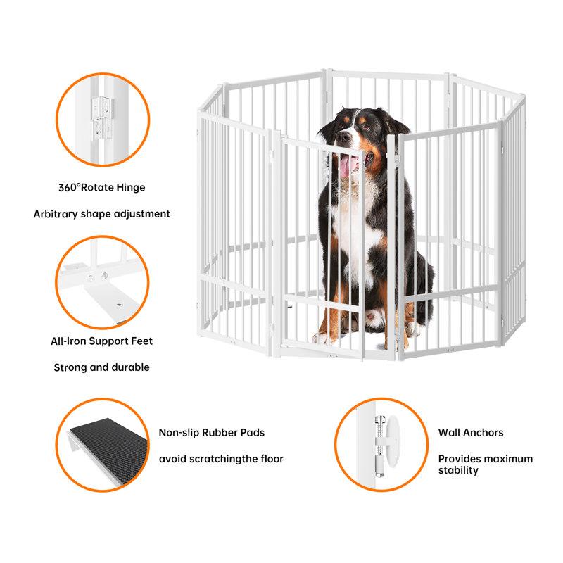 Wayfair Full Matel Freestanding Dog Gate With Door 32 Inch Height Foldable Pet Dog Fence Extra Wide Free Standing Small Dog Gates For Doorways House Stairs Porch Deck Yard
