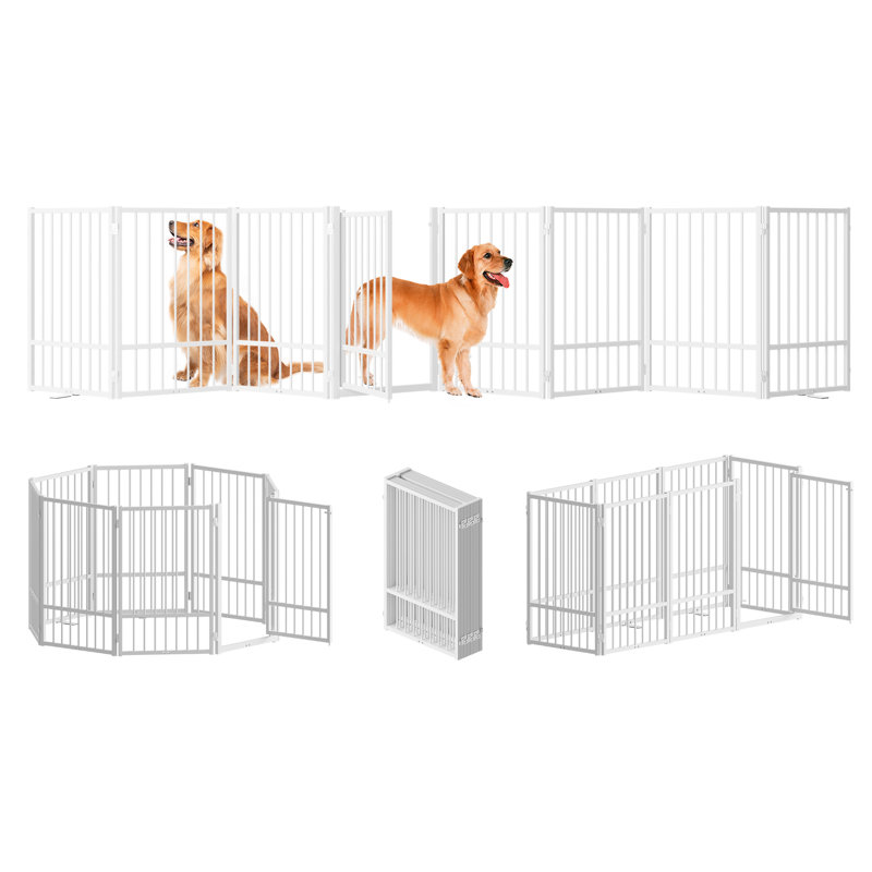 Wayfair Full Matel Freestanding Dog Gate With Door 32 Inch Height Foldable Pet Dog Fence Extra Wide Free Standing Small Dog Gates For Doorways House Stairs Porch Deck Yard