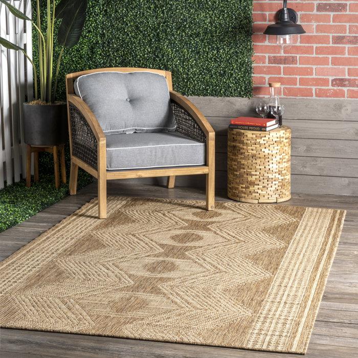 Wayfair Geometric Indoor/Outdoor Rug for Living Room Patio Deck Front Porch Entryway Hallway Kitchen Light Brown/Ivory