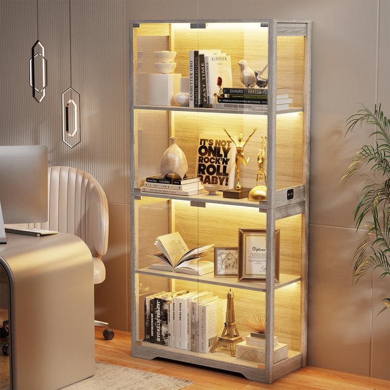 Wayfair Glass Display Cabinet Curio Cabinet Bookcase With 3 Color LED Lights Gray