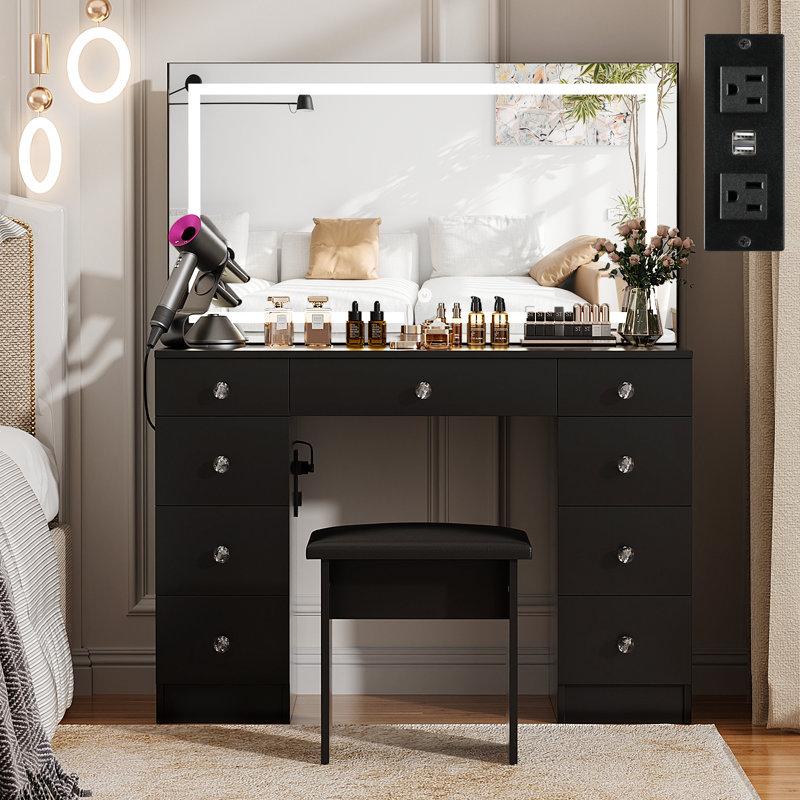 Wayfair Greyden Vanity Set With LED Mirror & Power Outlets 9 Drawers With Diamond Handles