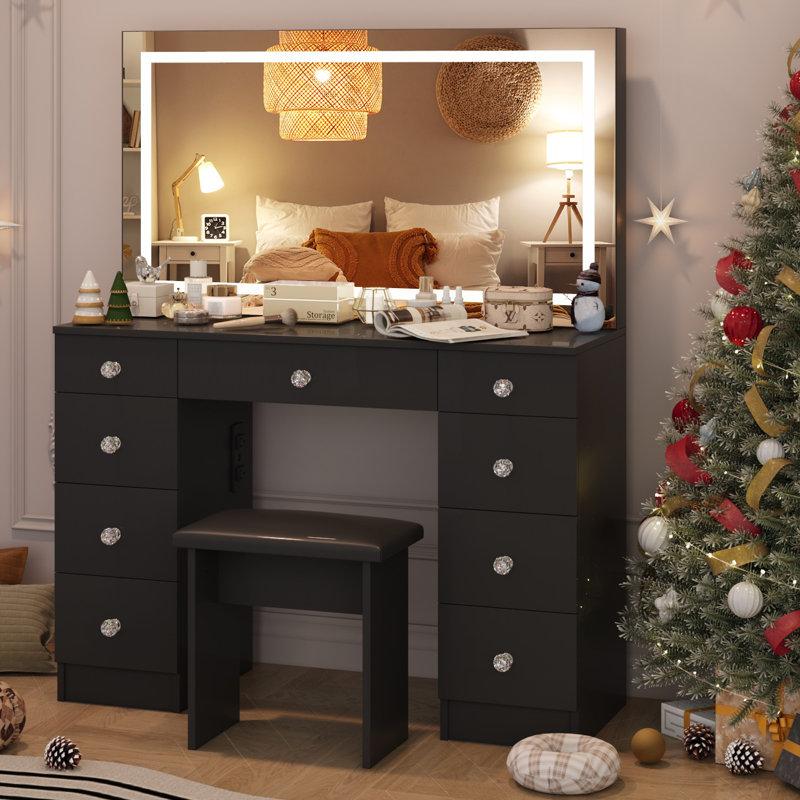 Wayfair Greyden Vanity Set With LED Mirror & Power Outlets 9 Drawers With Diamond Handles