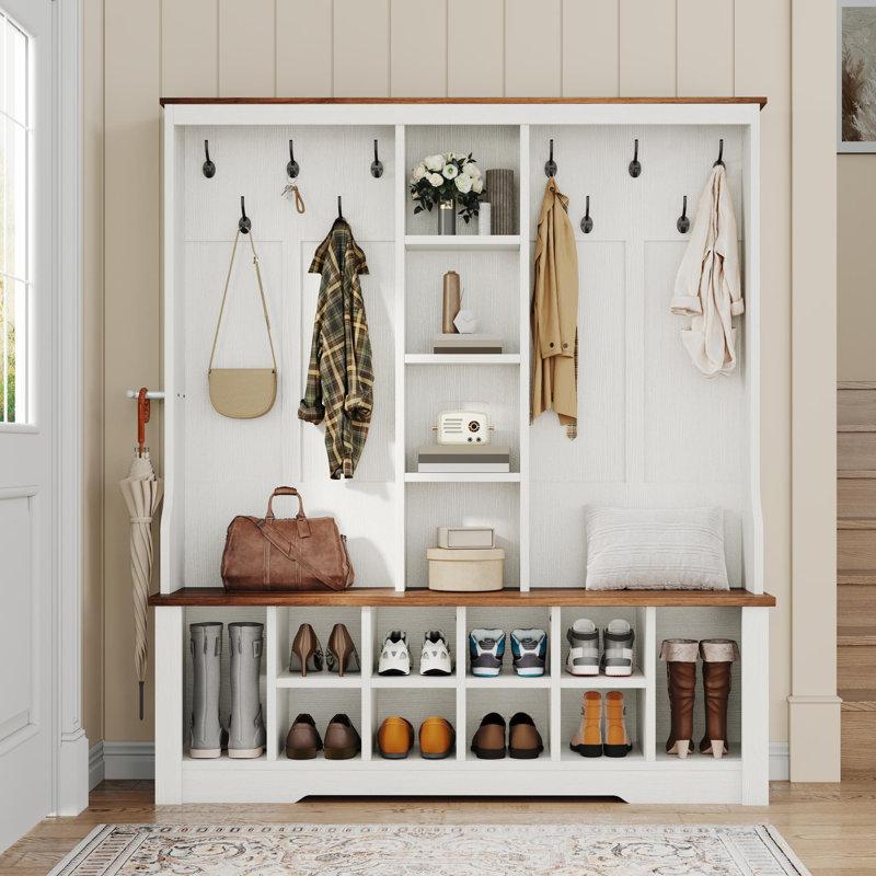 Wayfair Hall Tree 59" Wide With Bench And Shoe Storage Entryway Bench With Coat Rack Adjustable Shelf