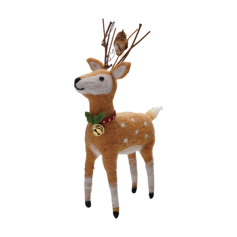 Wayfair Handmade Fabric And Wool Felt Deer With Bird And Jingle Bell Collar