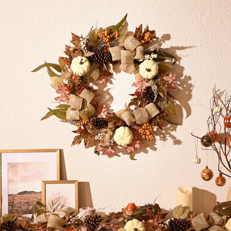 Wayfair Harvest Day 24 Inch Autumn Harvest Pumpkin And Bow Artificial Wreath With Warm White LED Lights