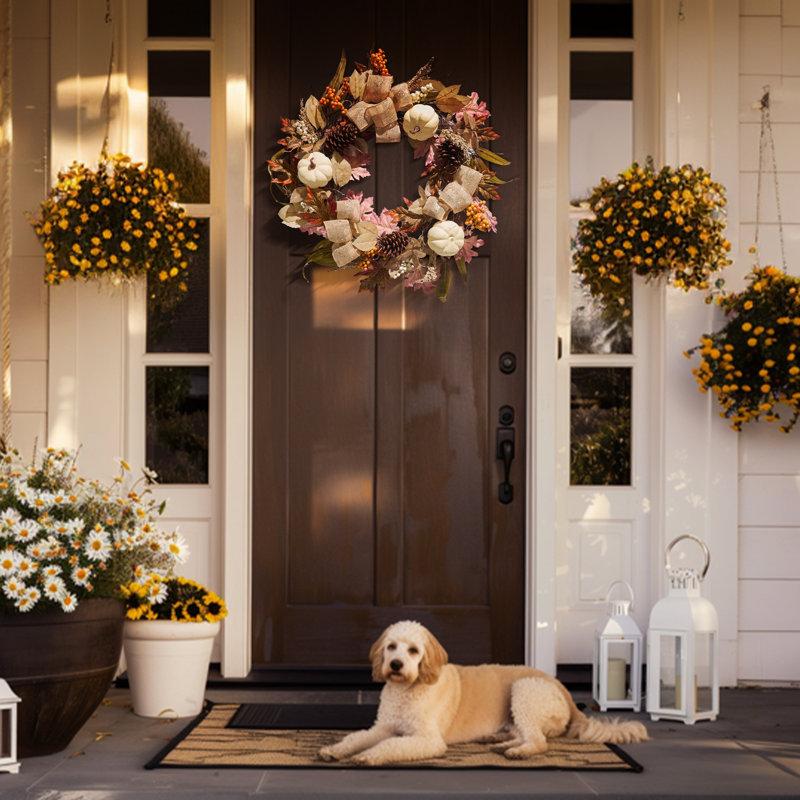 Wayfair Harvest Day 24 Inch Autumn Harvest Pumpkin And Bow Artificial Wreath With Warm White LED Lights