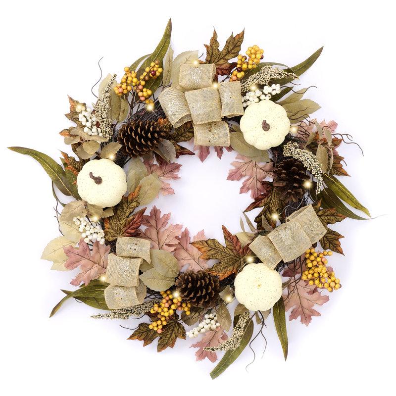 Wayfair Harvest Day 24 Inch Autumn Harvest Pumpkin and Bow Artificial Wreath with Warm White LED Lights