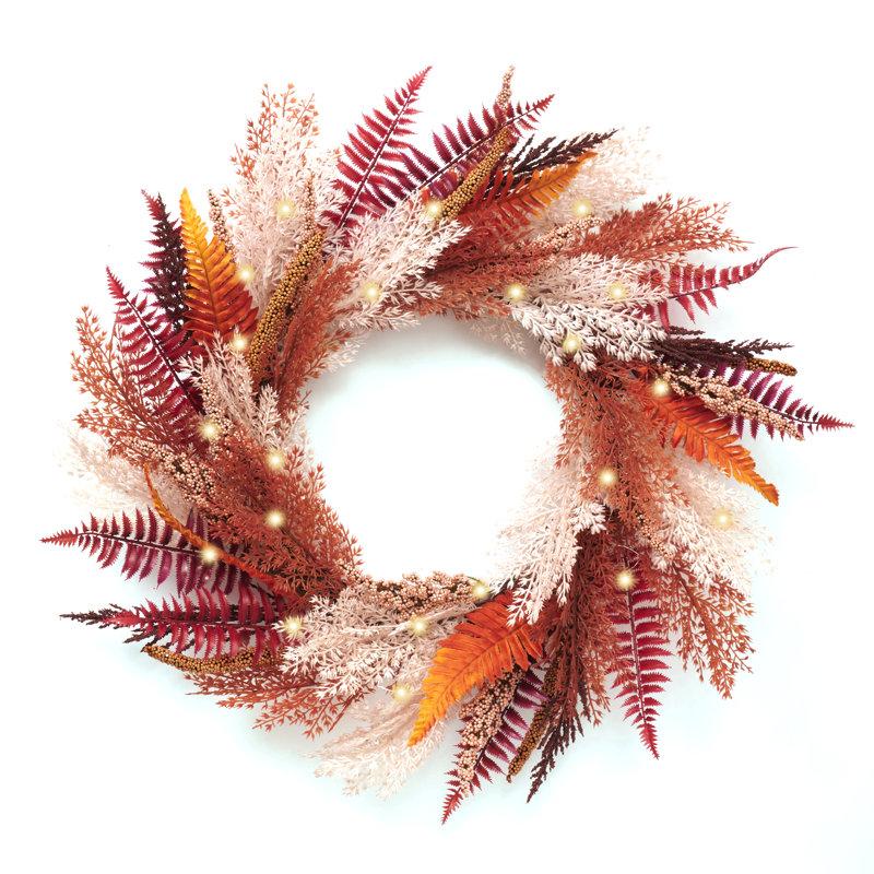 Wayfair Harvest Day 24 Inch Autumn Pampas Grass And Fern Leaf Artificial Wreath With Warm White LED Lights