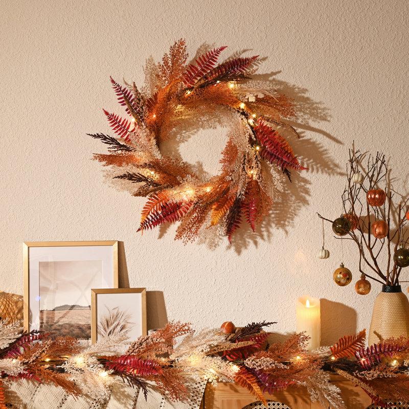 Wayfair Harvest Day 24 Inch Autumn Pampas Grass And Fern Leaf Artificial Wreath With Warm White LED Lights