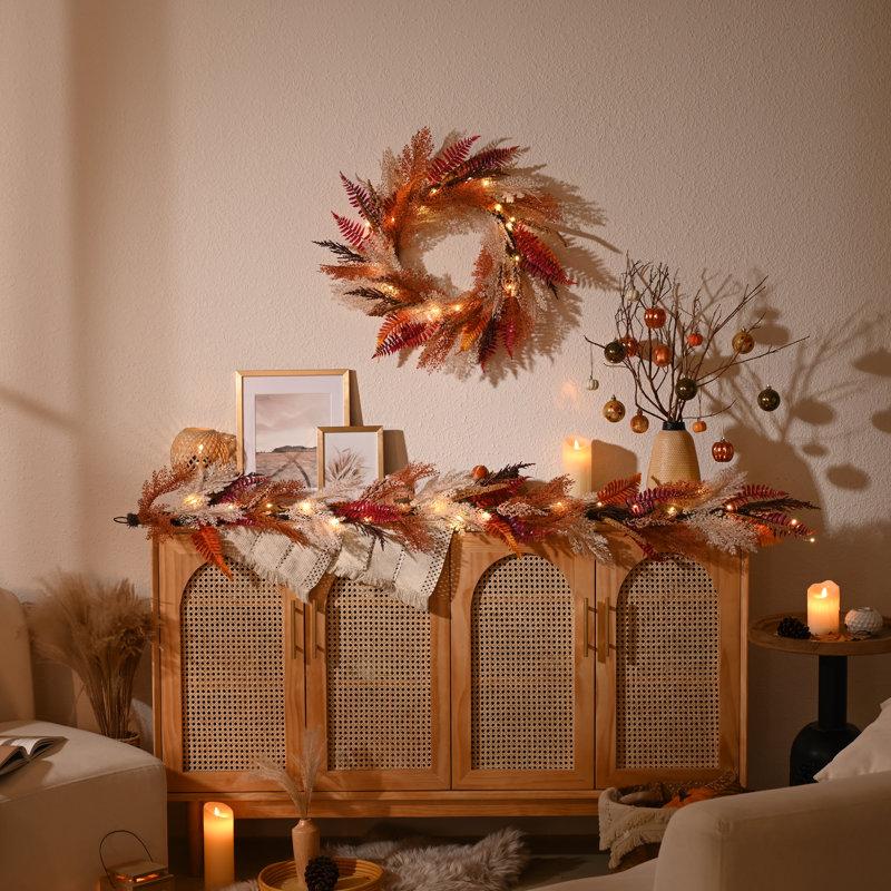 Wayfair Harvest Day 24 Inch Autumn Pampas Grass And Fern Leaf Artificial Wreath With Warm White LED Lights