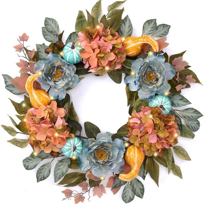 Wayfair Harvest Day 24 Inch Fall Peony Pumpkin And Hydrangea Lighted Wreath