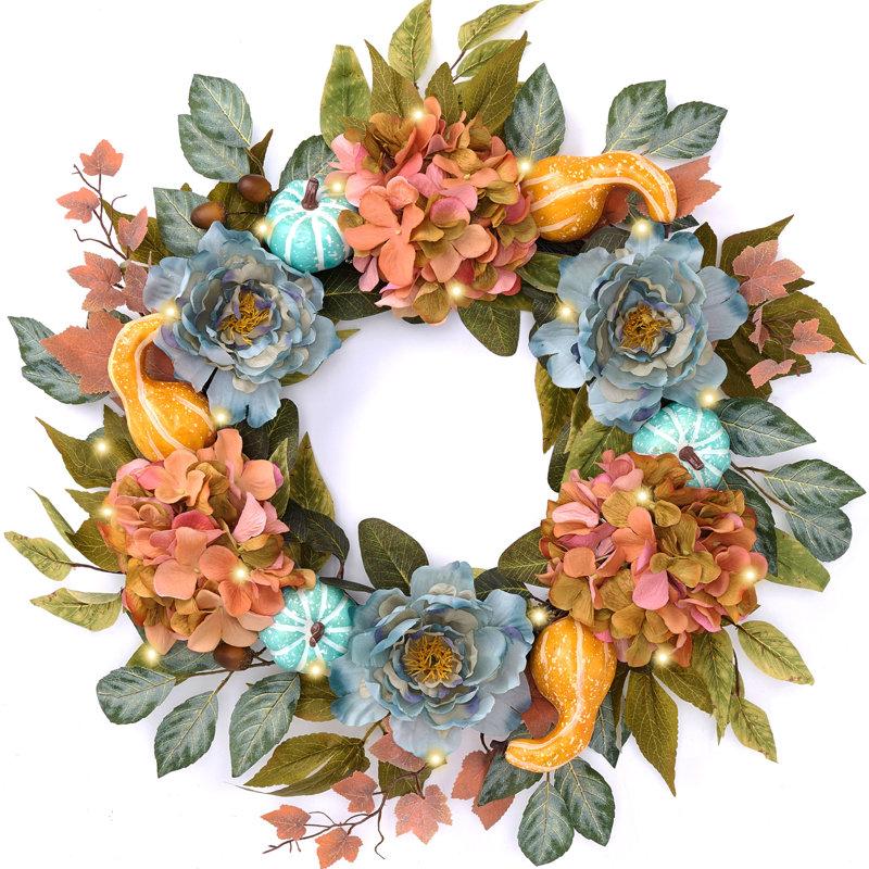 Wayfair Harvest Day 24 Inch Fall Peony Pumpkin And Hydrangea Lighted Wreath