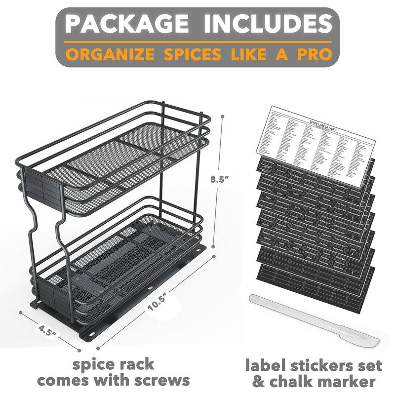 Wayfair Heavy Duty 2-Tier Pull-Out Spice Rack Organizer With Labels – Slide-Out Kitchen Cabinet Organizer