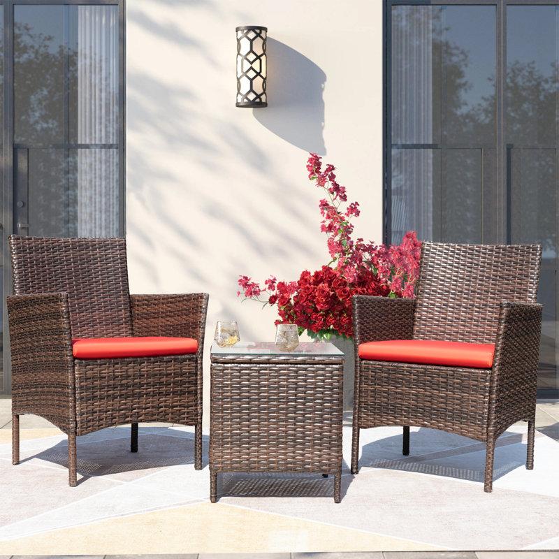 Wayfair Jagger 3-Piece Outdoor Rattan Furniture Set With All-Weather Cushions Modern Patio Seating Group With Table Outdoor Garden Furniture Sets