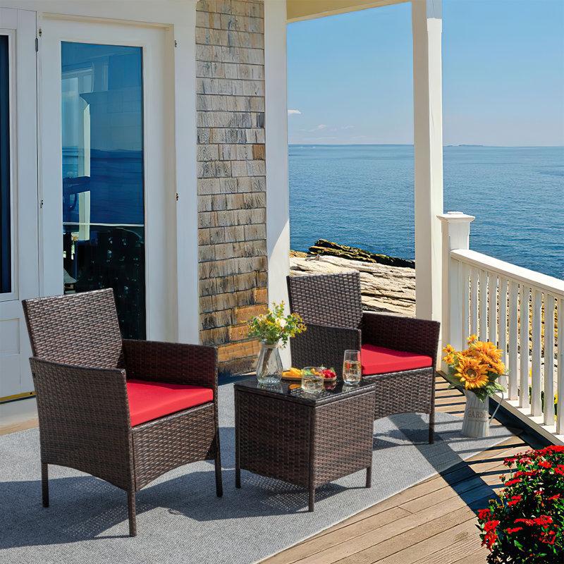 Wayfair Jagger 3-Piece Outdoor Rattan Furniture Set with All-Weather Cushions Modern Patio Seating Group with Table Outdoor Garden Furniture Sets